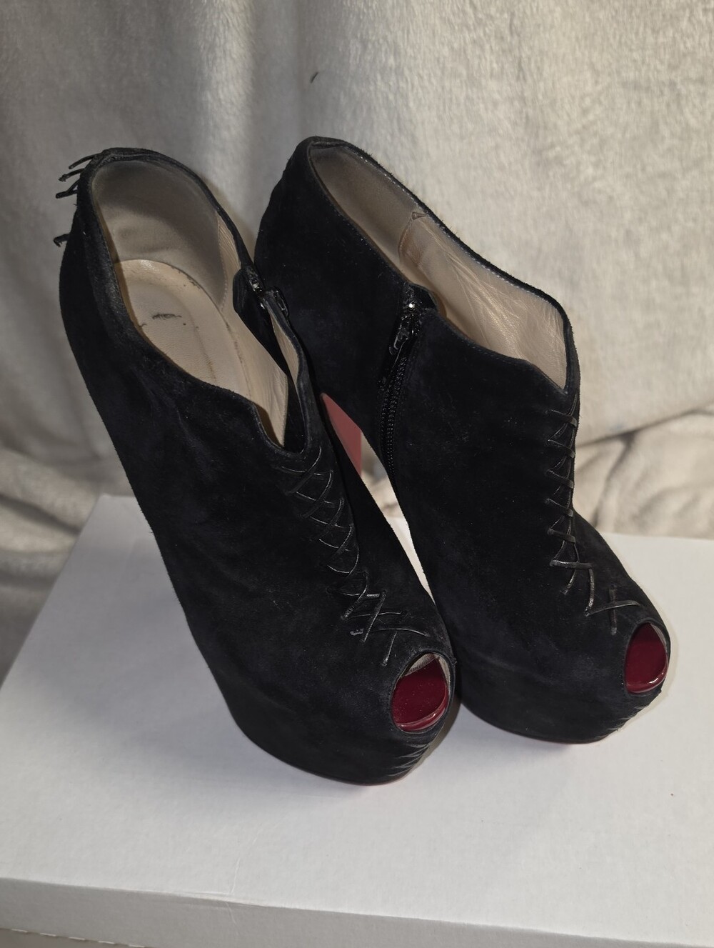 Christian Louboutin Recouzetta 160 Peep Black Suede Ankle Boots - Size 38